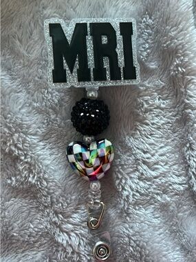 MRI Badge Reel with Multicolor Heart and Black Crystal Bead